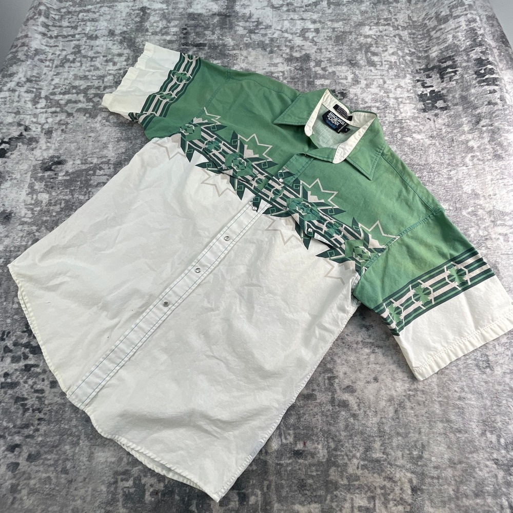 Brooks and Dunn Mens Large Western Shirt Green White Southwestern Geometric Snap